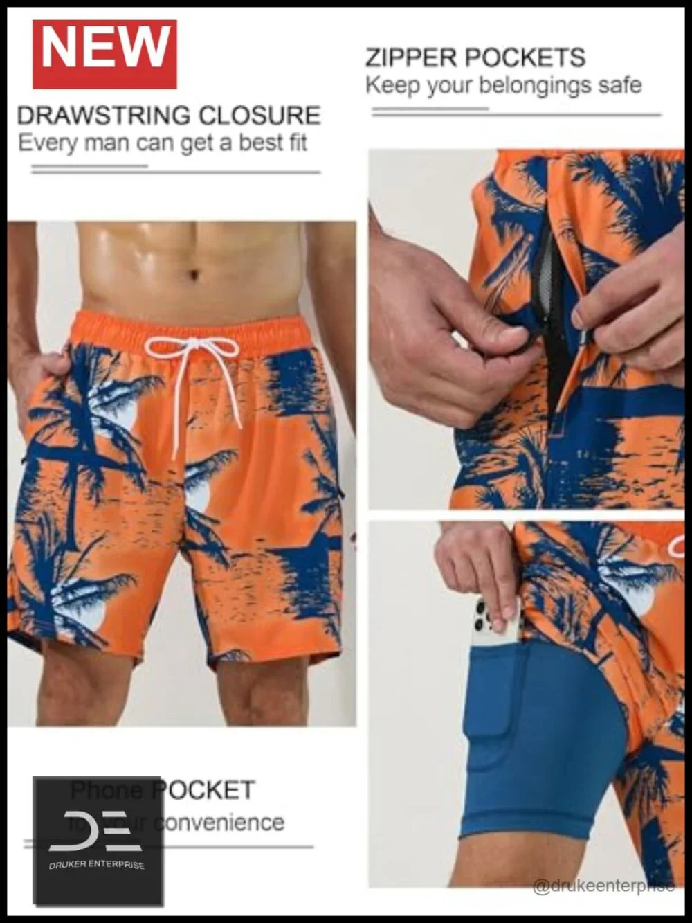 Men's Swim Trunks with Compression Liner and Zipper Pockets